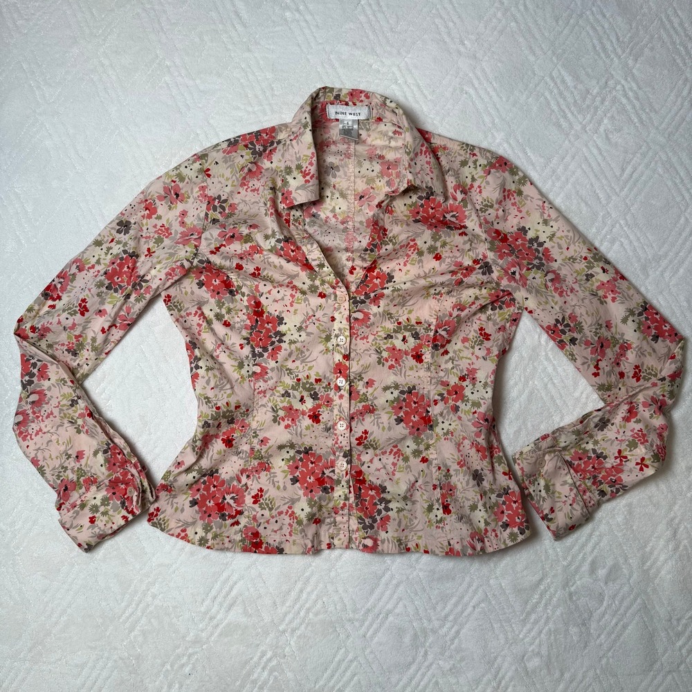 Romantic Cottagecore Nine West Floral Button Front Blouse Shirt Size 6